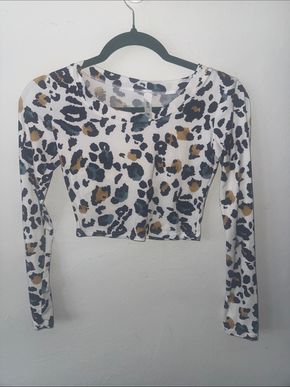 Leopard Print White Long-Sleeve Crop Top with Blue-Green and Tan Spots